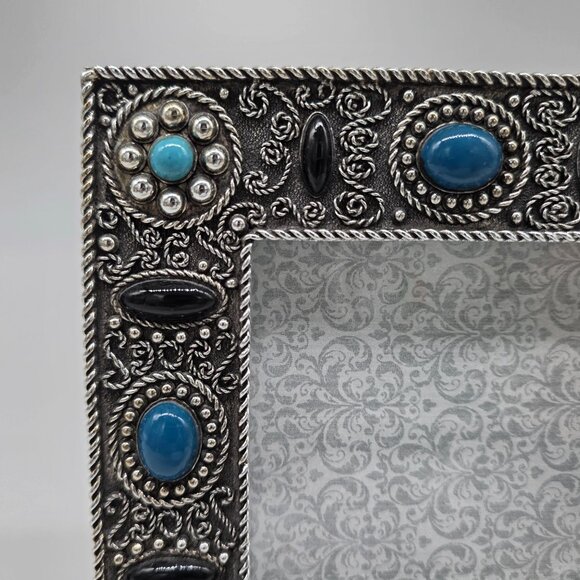 Decorative Square Silver Photo Frame With Blue & Black Accents Raj 3.25" Square - Picture 2 of 10